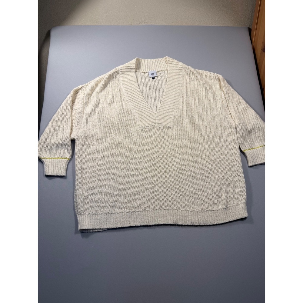 Cabi Cream V-Neck Chunky Knit Sweater XL Neon Yellow Stripe